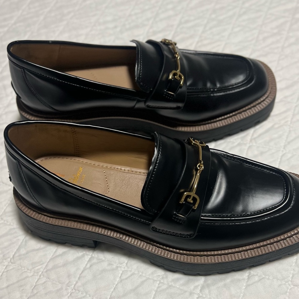 Sam Edelman Black Patent Laurs Lug Sole Loafers Gold Bit Buckle Platform - Picture 3 of 8